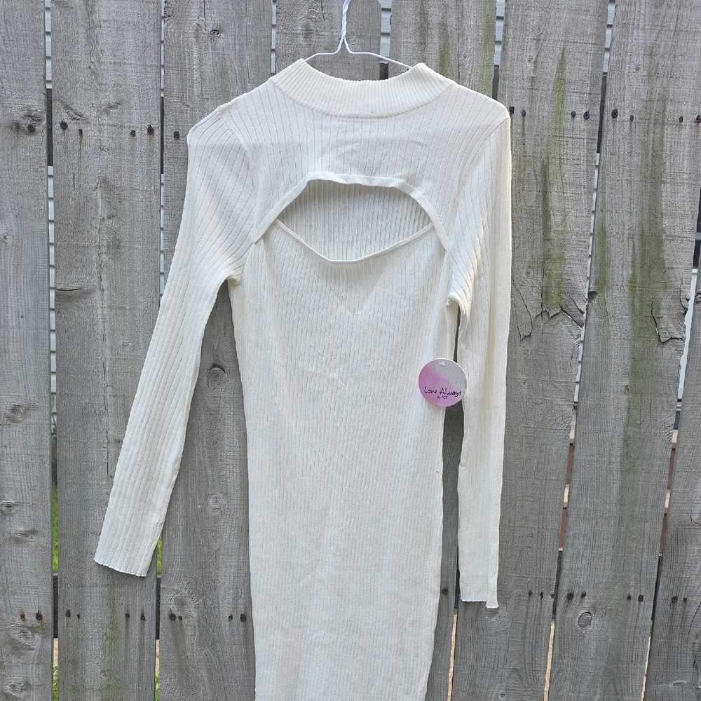 Cream Ribbed Long Sleeve Dress